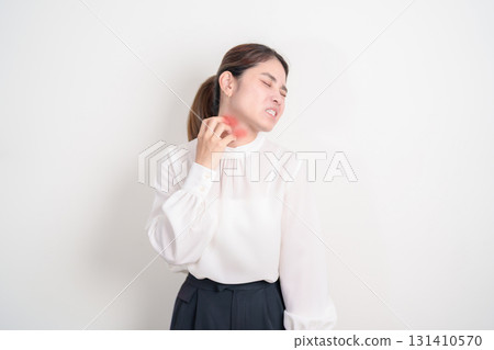 Business woman itching Neck and body scratching for Skin Allergy from insect bite and food dermatitis. Dermatology, Leprosy day, Systemic lupus erythematosus, Psoriasis, Urticaria and rash Eczema Business woman itching Neck and body scratching for Skin Allergy from insect bite and food dermatitis. Dermatology, Leprosy day, Systemic lupus erythematosus, Psoriasis, Urticaria and rash Eczema 131410570