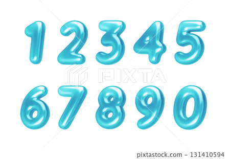 Glossy blue 3d balloon numbers. Chrome style font for birthday card, party flyer, sale banner, anniversary design, modern poster, digital template, isolated vector illustration 131410594