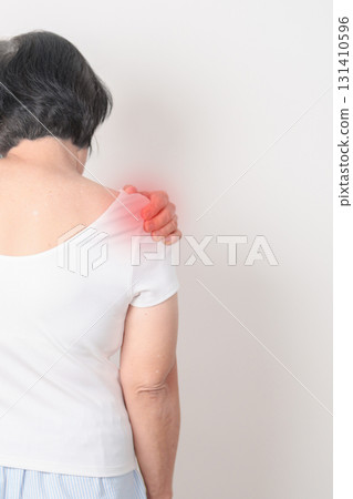 Elderly Woman having Shoulder Pain for Muscle Inflammation and Sprain, Myofascial ache syndrome and Fibromyalgia, Shoulder Myalgia, Scapular Tightness, Cervical Spine, Rheumatism and Health care 131410596