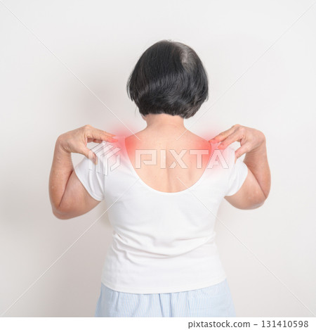 Elderly Woman having Shoulder Pain for Muscle Inflammation and Sprain, Myofascial ache syndrome and Fibromyalgia, Shoulder Myalgia, Scapular Tightness, Cervical Spine, Rheumatism and Health care Elderly Woman having Shoulder Pain for Muscle Inflammation and Sprain, Myofascial ache syndrome and Fibromyalgia, Shoulder Myalgia, Scapular Tightness, Cervical Spine, Rheumatism and Health care 131410598