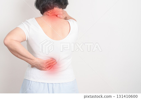 Elderly woman having back body ache for concepts of Back Muscle Strain, Piriformis Syndrome, Low Back Pain, Lumbar Disc Degeneration, Herniated, Osteoporosis, Spinal Compression and Health care 131410600