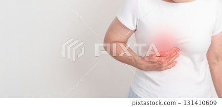 Elderly Woman having Liver pain for Liver disease, cancer and Tumor, Jaundice, Viral Hepatitis A, B, C, D, E, Cirrhosis, Failure, Enlarged, Hepatic Encephalopathy, Ascites Fluid in Belly and health 131410609