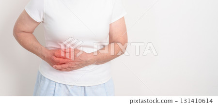 Elderly Woman having Pancreatitis for Pancreas pain and disease, Gallbladder, Bile Duct, Duodenum, Small intestine. Pancreatic cancer, Acute and Chronic pancreatitis, Digestive system and Health 131410614