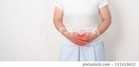 Elderly woman having Bladder pain for concepts of Bladder disease, Cancer Awareness Month May, Cystitis, Bladder Stone, urinary tract infection, UTI, Urethritis, Pyelonephritis, Urinary incontinence 131410622