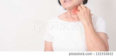 Elderly woman itching Neck and body scratching for Skin Allergy from insect bite and food dermatitis. Dermatology, Leprosy day, Systemic lupus erythematosus, Psoriasis, Urticaria and rash Eczema Elderly woman itching Neck and body scratching for Skin Allergy from insect bite and food dermatitis. Dermatology, Leprosy day, Systemic lupus erythematosus, Psoriasis, Urticaria and rash Eczema 131410632