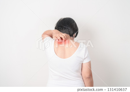 Elderly woman itching Neck and body scratching for Skin Allergy from insect bite and food dermatitis. Dermatology, Leprosy day, Systemic lupus erythematosus, Psoriasis, Urticaria and rash Eczema 131410637