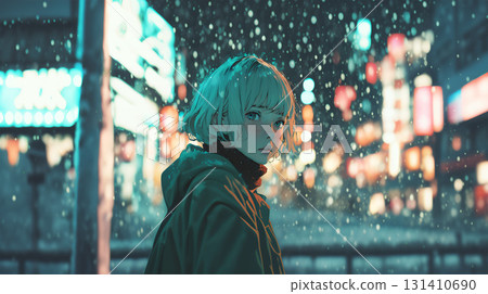 A woman looking back in the city at night A woman looking back in the city at night 131410690