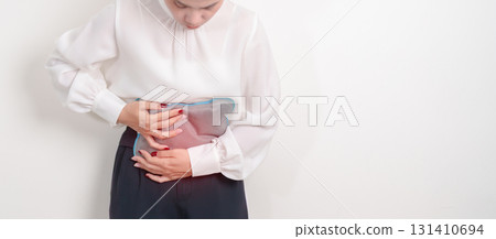 Menstruation period cycle of monthly and Stomachache concepts. woman having abdomen pain and menstrual ache with hot water bottle, illness female suffer from premenstrual ache and body Health problem 131410694