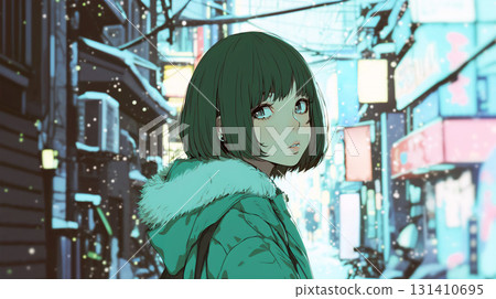 一名女子回望夜晚的城市 131410695