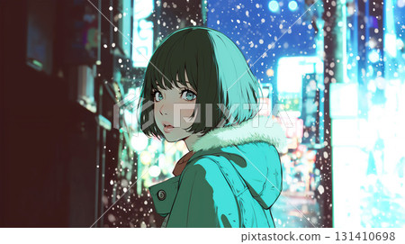 A woman looking back in the city at night 131410698