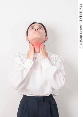 business Woman checking Thyroid gland disease. Hand holding Neck pain and Sore Throat. Hyperthyroidism, Hypothyroidism, Hashimoto Thyroiditis, Thyroid Tumor and Cancer, Postpartum, Papillary Carcinoma business Woman checking Thyroid gland disease. Hand holding Neck pain and Sore Throat. Hyperthyroidism, Hypothyroidism, Hashimoto Thyroiditis, Thyroid Tumor and Cancer, Postpartum, Papillary Carcinoma 131410753
