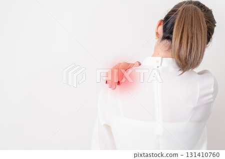 Business Woman having Shoulder Pain for Muscle Inflammation and Sprain, Myofascial ache syndrome and Fibromyalgia, Shoulder Myalgia, Scapular Tightness, Cervical Spine, Rheumatism and Office Syndrome Business Woman having Shoulder Pain for Muscle Inflammation and Sprain, Myofascial ache syndrome and Fibromyalgia, Shoulder Myalgia, Scapular Tightness, Cervical Spine, Rheumatism and Office Syndrome 131410760