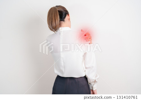 Business Woman having Shoulder Pain for Muscle Inflammation and Sprain, Myofascial ache syndrome and Fibromyalgia, Shoulder Myalgia, Scapular Tightness, Cervical Spine, Rheumatism and Office Syndrome 131410761