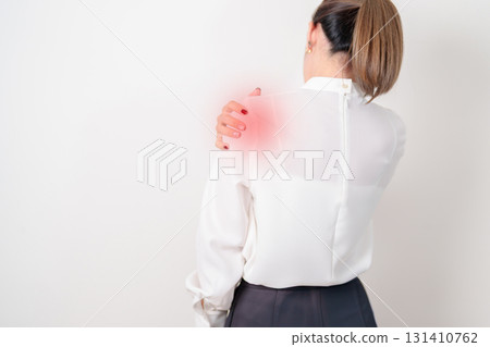 Business Woman having Shoulder Pain for Muscle Inflammation and Sprain, Myofascial ache syndrome and Fibromyalgia, Shoulder Myalgia, Scapular Tightness, Cervical Spine, Rheumatism and Office Syndrome 131410762