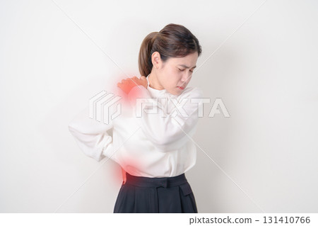 Business woman having back body ache for concepts of Back Muscle Strain, Piriformis Syndrome, Low Back Pain, Lumbar Disc Degeneration, Herniated, Osteoporosis, Spinal Compression and Office syndrome Business woman having back body ache for concepts of Back Muscle Strain, Piriformis Syndrome, Low Back Pain, Lumbar Disc Degeneration, Herniated, Osteoporosis, Spinal Compression and Office syndrome 131410766