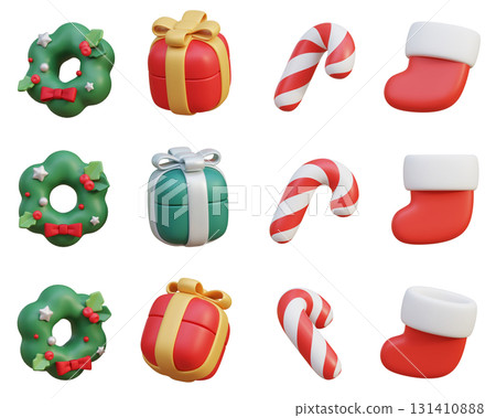 cartoon style christmas 3D Icon Set wreath, gift box, candy cane, santa socks cartoon style christmas 3D Icon Set wreath, gift box, candy cane, santa socks 131410888