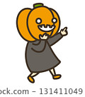 Child wearing a pumpkin pointing 131411049