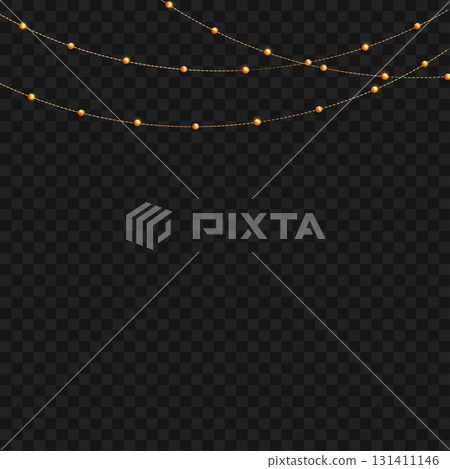 Realistic hanging gold bead garlands for festive decor. Vector 131411146