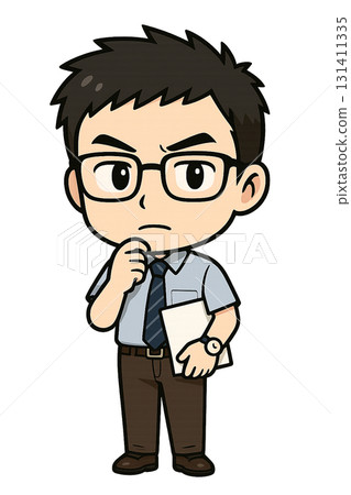 一位戴著眼鏡的商人，手托著下巴，手裡拿著一份示範文件，認真思考著 131411335