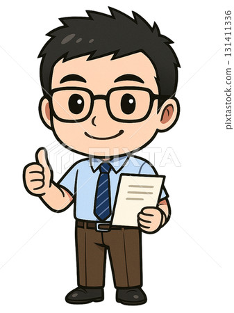 A businessman wearing glasses holding a presentation document and making a "like" gesture with his hand 131411336