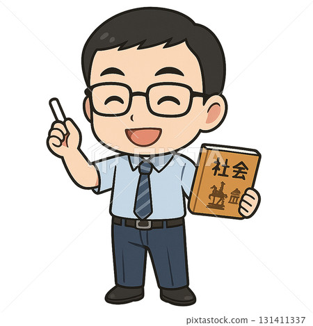 A male teacher with glasses teaching a class while smiling and pointing at a social studies textbook 131411337