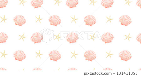 Seamless pattern with watercolor coral, seashell, underwater starfish, ocean life, hand drawn summer background Seamless pattern with watercolor coral, seashell, underwater starfish, ocean life, hand drawn summer background 131411353