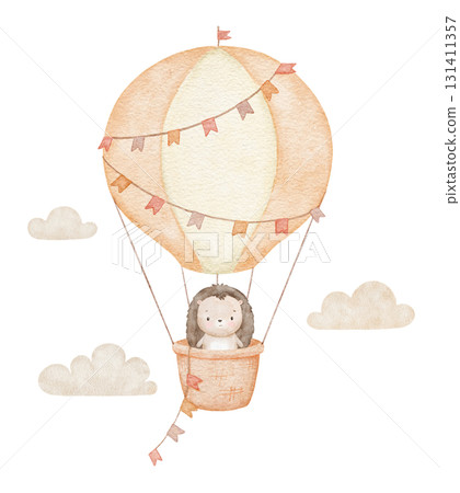 Hot air balloon with cute baby hedgehog and clouds. Watercolor isolated illustration for kids 131411357