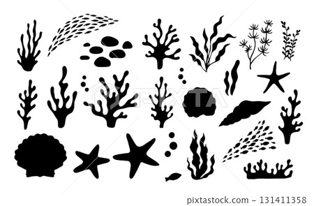 Silhouette of large school of fish, seaweed and coral. Vector illustrations set isolated on white background. Underwater grass, ocean plant icon 131411358