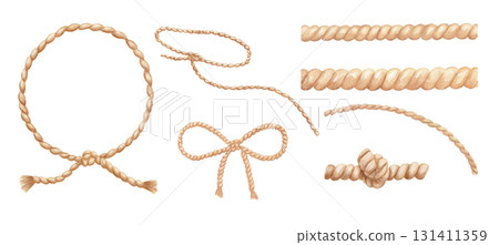 Rope with knot, lasso and ribbon watercolour isolated illustration, texture drawings set Rope with knot, lasso and ribbon watercolour isolated illustration, texture drawings set 131411359