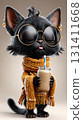 Stylish black cat in sunglasses and cozy sweater sipping smoothie with charm 131411668