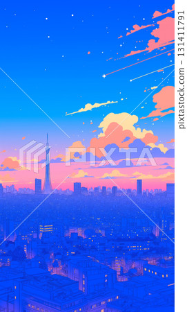 A retro-pop townscape with a nostalgic atmosphere | A beautiful 1980s anime-style fantasy with a night sky filled with stars and dancing clouds 131411791