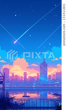 霓虹燈和星空點亮的復古城市景觀:讓人聯想到 80 年代動漫的 2D 復古流行幻想城市 霓虹燈和星空點亮的復古城市景觀:讓人聯想到 80 年代動漫的 2D 復古流行幻想城市 131411801