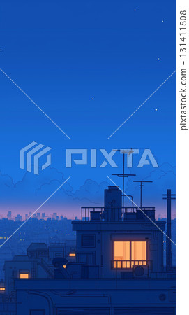 星空與復古流行城市景觀相結合的夢幻背景 | 20 世紀 80 年代風格的 2D 動畫 131411808