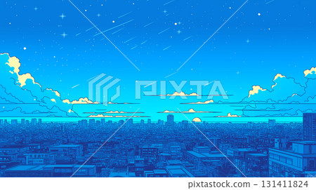 A 2D anime-style illustration of a fantastic starry sky and clouds, a retro-pop night town with an 80s feel. 131411824