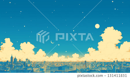 夢幻星空和雲彩的 2D 動漫風格插圖，具有 80 年代風格的復古流行夜城。 131411831