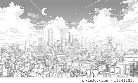 A fantastical 2D anime-style nightscape illustration depicting twinkling stars and floating clouds in the night sky, and a 1980s retro-pop cityscape. 131411833
