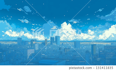 星光與雲彩漂浮的80年代風格夜景。復古的流行色彩與閃耀的霓虹燈交相輝映，呈現出夢幻般的城市景觀。 131411835