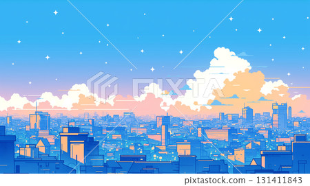 80s anime-style retro pop illustration | Fantastic 2D art depicting a neon-lit night city, starry sky, and flowing clouds 131411843