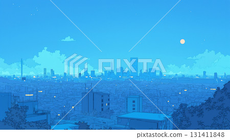 80年代復古流行的夜景，繁星閃爍，雲朵飄浮的夢幻城市景觀 | 2D動畫 131411848