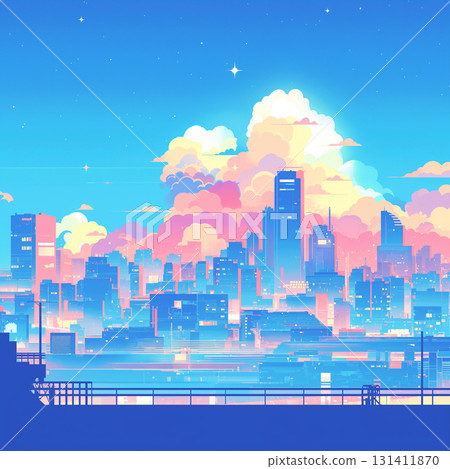 A fantastical 2D anime-style nightscape illustration depicting twinkling stars and floating clouds in the night sky, and a 1980s retro-pop cityscape. 131411870