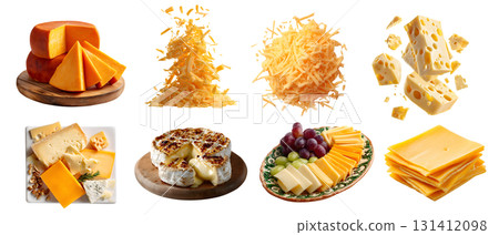 Set of cheese, coagulated dairy milk slices pieces halved, serving board, platter plate. Cheddar, mozzarella, grated, blue, Parmesan, transparent cutout PNG. Many different flavour texture. Mockup 131412098