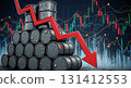 Illustration of oil barrels with a red downward arrow symbolizing falling crude oil prices and market decline 131412553
