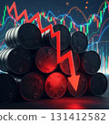 Illustration of oil barrels with a red downward arrow symbolizing falling crude oil prices and market decline 131412582