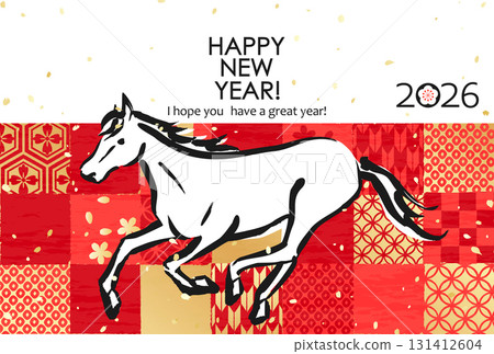 2026 Japanese New Year's material: Checkered pattern with horse 2026 Japanese New Year's material: Checkered pattern with horse 131412604