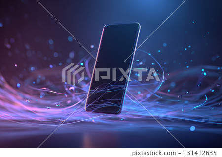Modern smartphone with abstract digital light trails on dark background 131412635