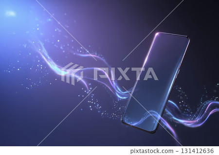 Modern smartphone with abstract digital light trails on dark background 131412636