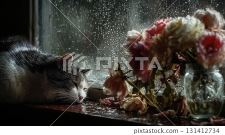 Silent farewell with flowers and a cat by the rainy window, tender and sorrowful mood 131412734