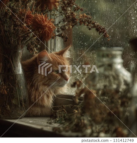 Silent farewell with flowers and a cat by the rainy window, tender and sorrowful mood Silent farewell with flowers and a cat by the rainy window, tender and sorrowful mood 131412749