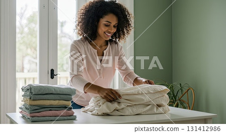 Happy african woman folding fresh laundry. A happy domestic routine at home 131412986