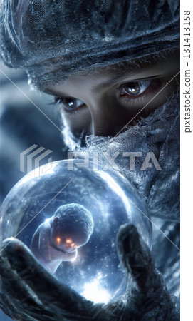 Doctor holds a glowing glass ball with an infant inside 131413158